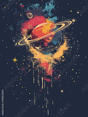 A colorful painting of a planet with a starry background. The painting is abstract and has a dreamy, otherworldly feel to it