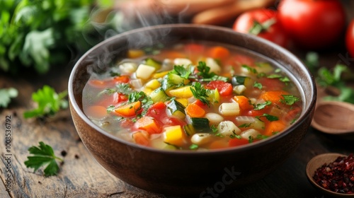 A wholesome bowl of steaming vegetable soup adorned with fresh parsley, harmonizing vibrant colors and robust flavors, offering comfort and nourishment in every spoon. photo