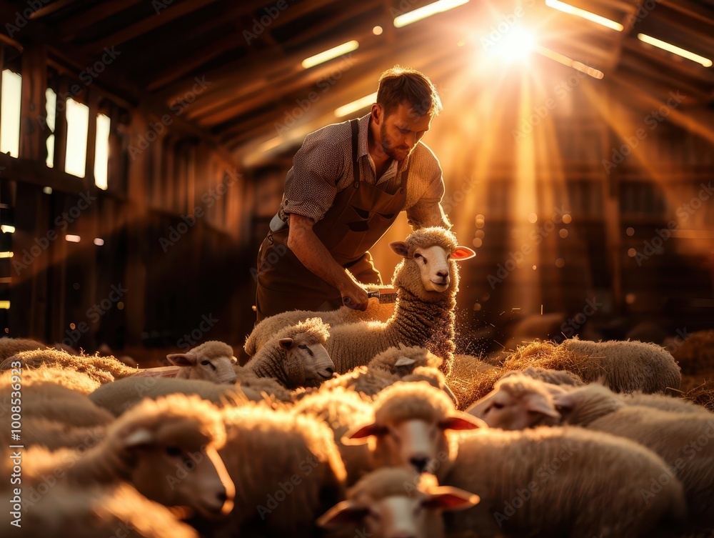 Sheep shearing in a rustic barn, dynamic and industrious, Rural, Earth tones, Photograph, Agricultural activity Sheep shearing in a rustic barn, dynamic and industrious, Rural, Earth tones, Photograph, Agricultural activity