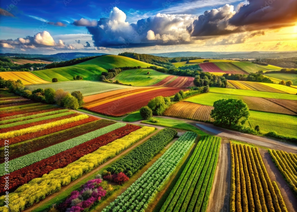 Fototapeta premium Expansive Agricultural Landscape Showcasing Various Crops and Sustainable Farming Practices