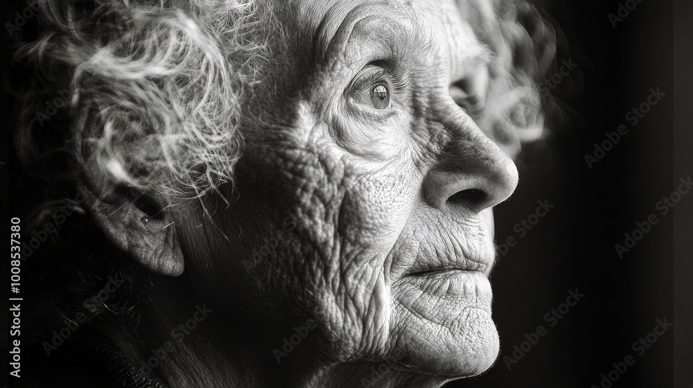 A touching black and white portrait of an elderly woman, capturing deep lines and expressions on her face, thoughtful eyes gazing toward an unseen horizon. A touching black and white portrait of an elderly woman, capturing deep lines and expressions on her face, thoughtful eyes gazing toward an unseen horizon.