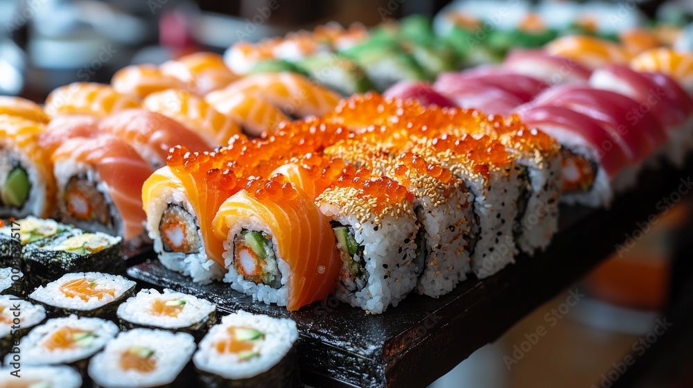 A platter showcasing an assortment of vibrant sushi rolls with diverse toppings and fillings, capturing the essence of Japanese culinary art and cuisine variety. A platter showcasing an assortment of vibrant sushi rolls with diverse toppings and fillings, capturing the essence of Japanese culinary art and cuisine variety.