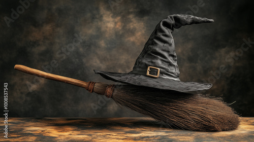 The setting features a classic black witch's hat placed elegantly on a broomstick, highlighting a mystical vibe in a dimly lit atmosphere.