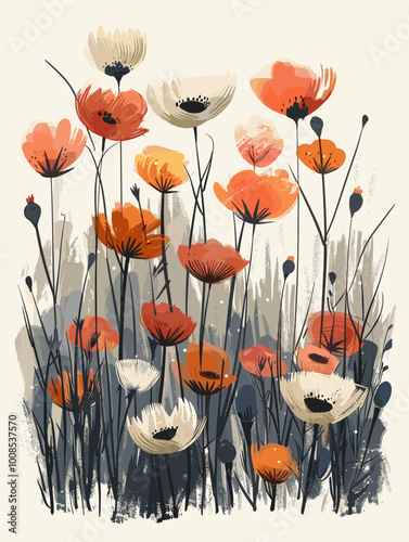 A painting of a field of flowers with a blue background. The flowers are orange and white. The painting has a peaceful and calming mood