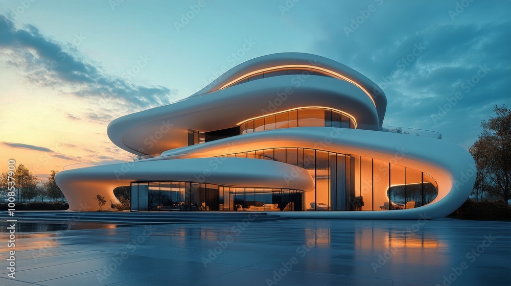 A contemporary marvel with smooth, organic curves and sleek glass surfaces stands in harmony with nature, exemplifying modernist architecture's artistic flair and elegance. A contemporary marvel with smooth, organic curves and sleek glass surfaces stands in harmony with nature, exemplifying modernist architecture's artistic flair and elegance.