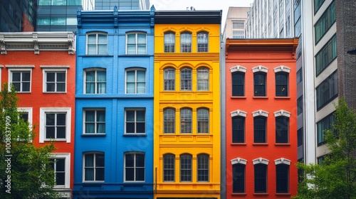 Colorful juxtaposed buildings with blue, yellow, and red facades line up along an urban street, exemplifying diverse architecture and urban creativity.