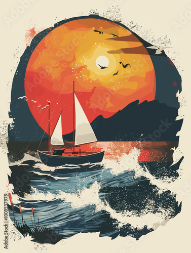 A painting of a boat sailing on a body of water with a large orange sun in the background