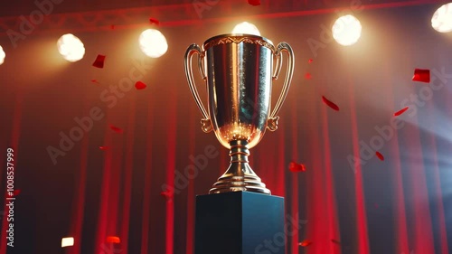 The cheering crowd applauds as the winner receives the trophy on a decorated stage