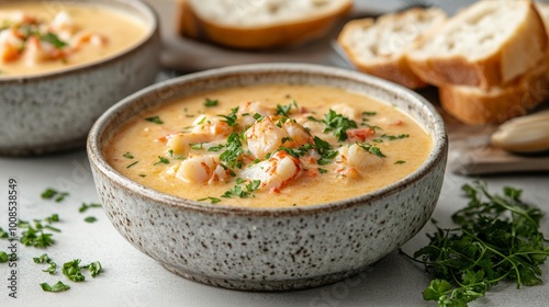 A delectable seafood soup served in a rustic bowl, topped with fresh herbs and accompanied by bread slices, creating a comforting and delicious meal.