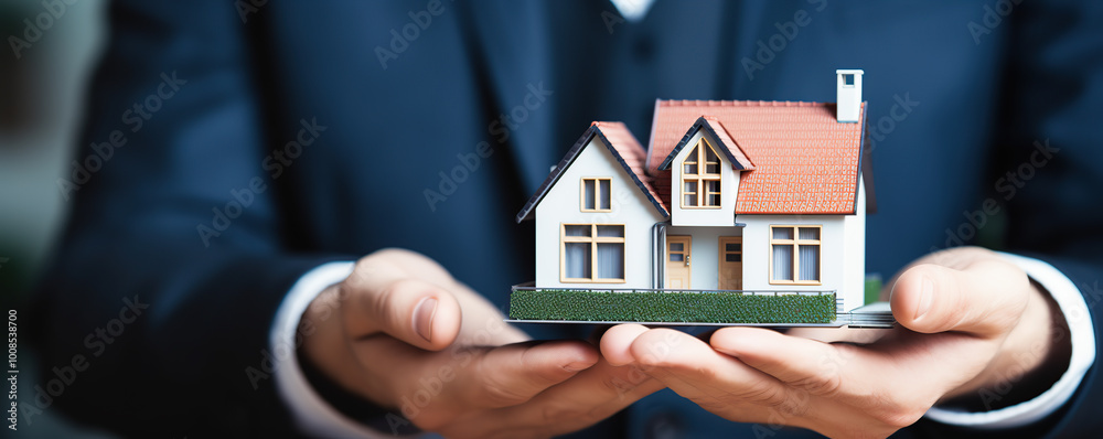 A businessman holds a small model house in his hands, symbolizing real estate investment in an urban office setting A businessman holds a small model house in his hands, symbolizing real estate investment in an urban office setting
