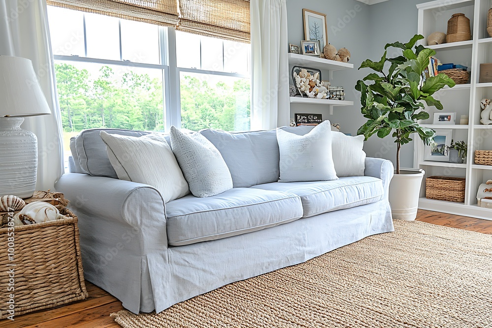 Fototapeta premium Cozy living room with a light sofa and natural decor.