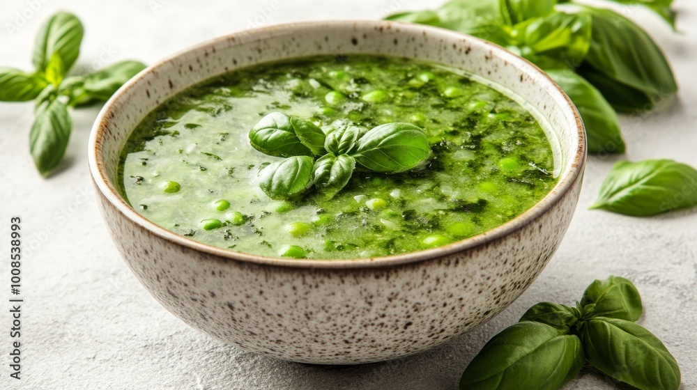 A delicious green soup garnished with fresh basil leaves, served in a rustic-style bowl, surrounded by fresh basil on a light background.