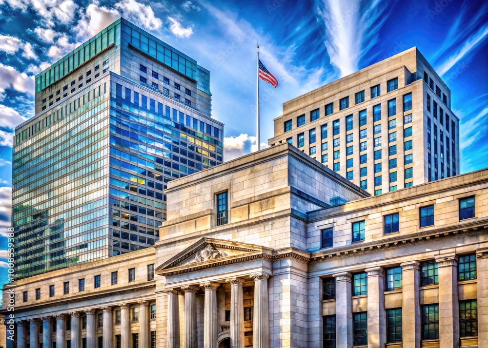 Obraz premium Federal Reserve Building in New York City with Architectural Details and Urban Landscape Surroundings