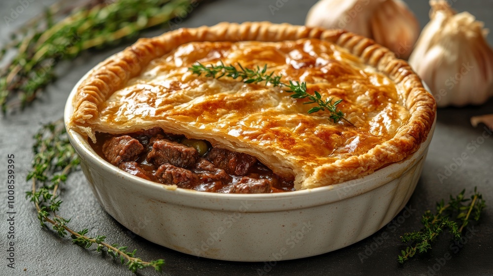 A mouth-watering meat pie fresh from the oven, with golden brown crust and garnished with herbs, represents a warm, comforting, home-cooked meal experience. A mouth-watering meat pie fresh from the oven, with golden brown crust and garnished with herbs, represents a warm, comforting, home-cooked meal experience.