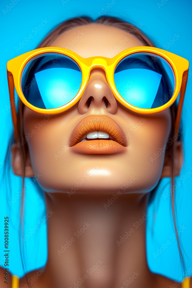 A woman with orange lipstick and yellow sunglasses is looking at the camera. The sunglasses are blue and the woman's face is illuminated by the blue light. Concept of confidence and boldness A woman with orange lipstick and yellow sunglasses is looking at the camera. The sunglasses are blue and the woman's face is illuminated by the blue light. Concept of confidence and boldness