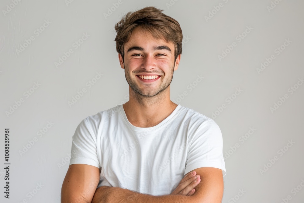 Young man with a charming smile and folded arms, white backdrop , background blur Young man with a charming smile and folded arms, white backdrop , background blur