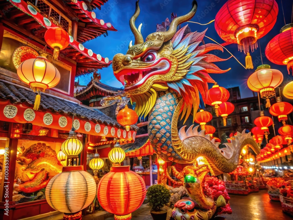 Fototapeta premium Festive Chinese New Year Icons Featuring Lanterns, Dragons, and Traditional Symbols for Celebrations