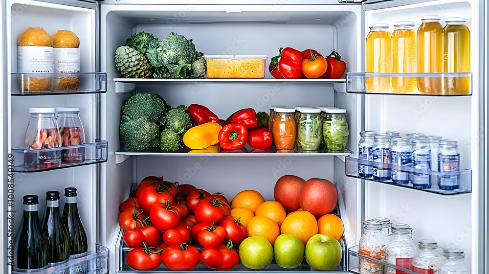 Refrigerator Stocked with Fresh Fruits, Vegetables, and Healthy Drinks for a Nutritious Lifestyle Refrigerator Stocked with Fresh Fruits, Vegetables, and Healthy Drinks for a Nutritious Lifestyle