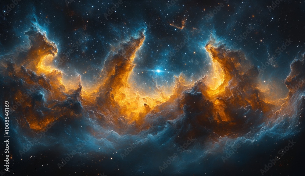 Glowing cosmic clouds in a vast dark space filled with stars. Glowing cosmic clouds in a vast dark space filled with stars.