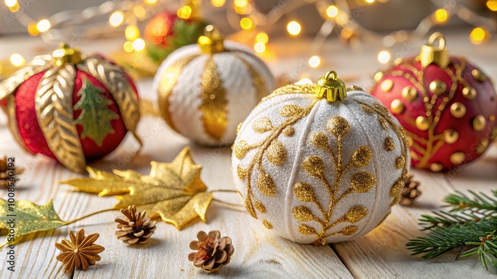 Soft fabric Christmas ornaments featuring shimmering gold leaves beautifully decorate a white table, enhancing your Soft fabric Christmas ornaments featuring shimmering gold leaves beautifully decorate a white table, enhancing your