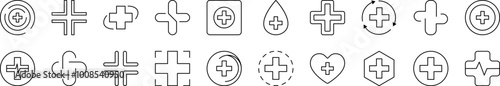 Medical Cross as Hospital Symbol Simple Isolated Line Icons Collection. Editable Stroke. Suitable for Web Sites, Books, Cards, Apps