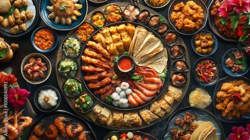 A vibrant circular table filled with a global buffet, including dim sum, tacos, and fresh seafood, decorated with exotic flowers and elegant silverware. Colorful, Realism, High-detail, Festive photo