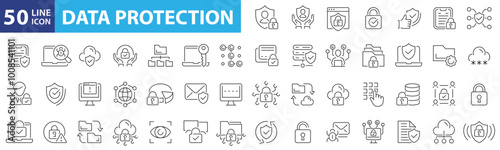 Data protection 50 icon set. Cyber security, privacy, security, encryption, cyber, confidentiality, consent and more. Editable stroke. Vector illustration