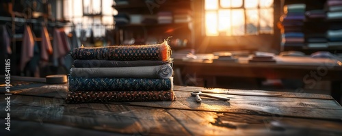 Tailor shop with fabrics and tools, artistic and industrious, Urban, Soft tones, Photograph, Craftsmanship photo