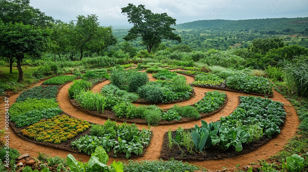Permaculture Rotation A vibrant permaculture garden with crops planted in circular formations ...