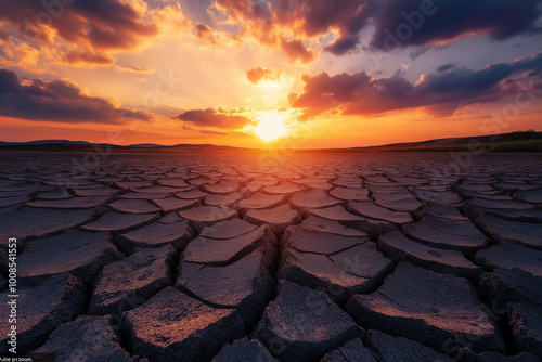 Earth cracked by extreme drought, showcasing dry, barren land with deep fissures under a dramatic sunset