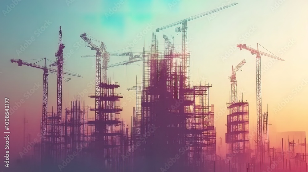 Construction Site at Sunset with a Silhouetted Cityscape