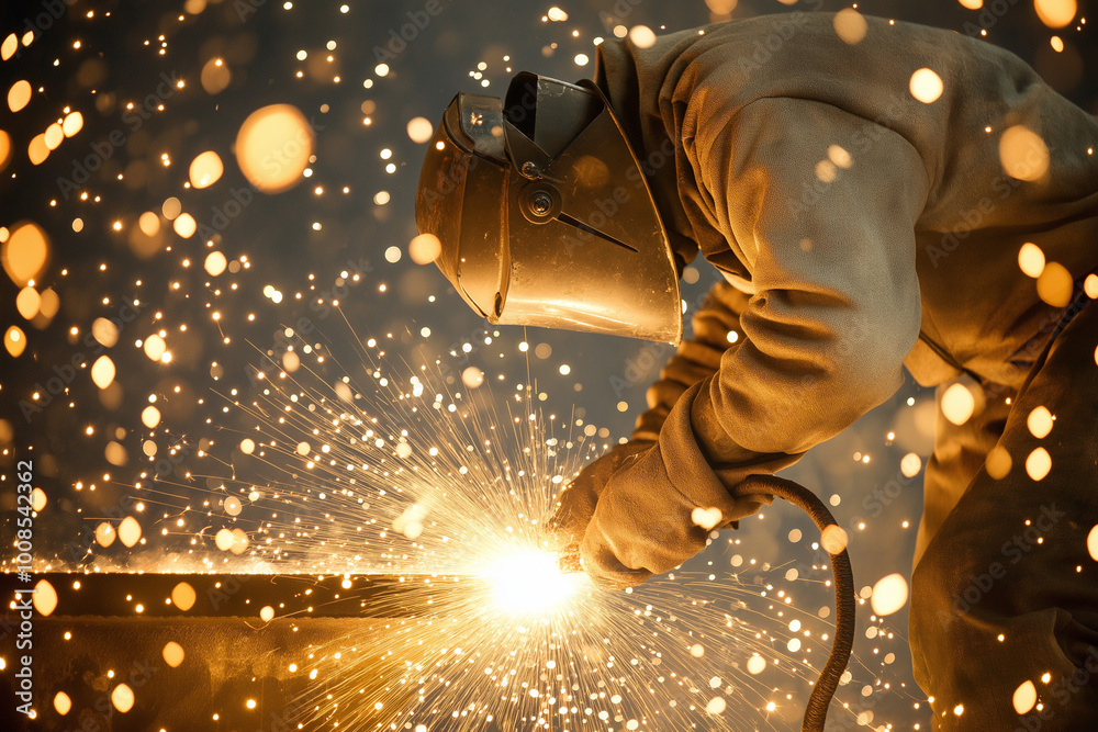 Welder welding metal with lots of sparks flying around, wearing protective welding gear, showcasing the intensity of the job. Welder welding metal with lots of sparks flying around, wearing protective welding gear, showcasing the intensity of the job.