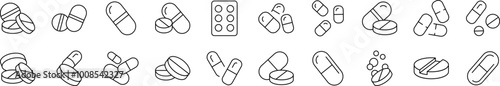 Pills and Medication Thin Icons Collection. Editable Stroke. Suitable for Web Sites, Books, Cards, Apps