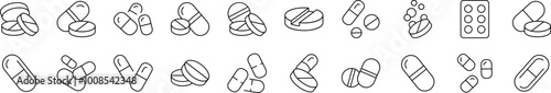 Pills and Medication Outline Simple Linear Image Collection. Editable Stroke. Suitable for Web Sites, Books, Cards, Apps