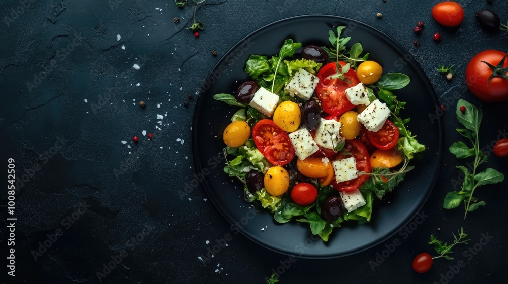Greek salad with feta, olives, and tomatoes on a black background. Greek salad with feta, olives, and tomatoes on a black background.