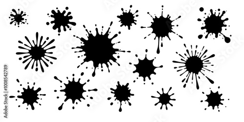 Ink blob. Paint drip. Splash stain shape. Black spot splash.