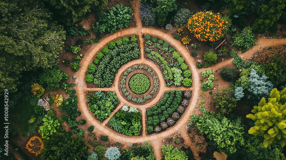 Aerial view of a permaculture garden with circular crop formations, emphasizing sustainable agriculture techniques, surrounded by natural biodiversity