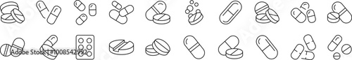 Pills and Medication Pack of Thin Icons. Editable Stroke. Suitable for Web Sites, Books, Cards, Apps
