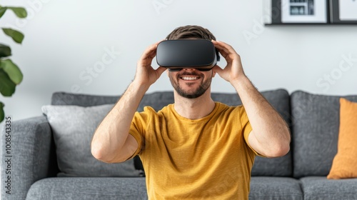 A cheerful man wearing virtual reality goggles, experiencing immersive entertainment in a modern living room with a cozy couch.