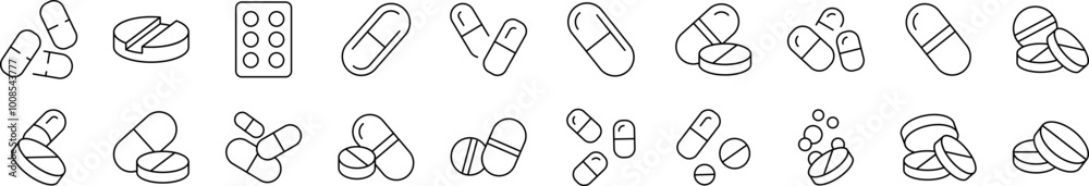 Pills and Medication Simple Isolated Line Icons Collection. Editable Stroke. Suitable for Web Sites, Books, Cards, Apps Pills and Medication Simple Isolated Line Icons Collection. Editable Stroke. Suitable for Web Sites, Books, Cards, Apps