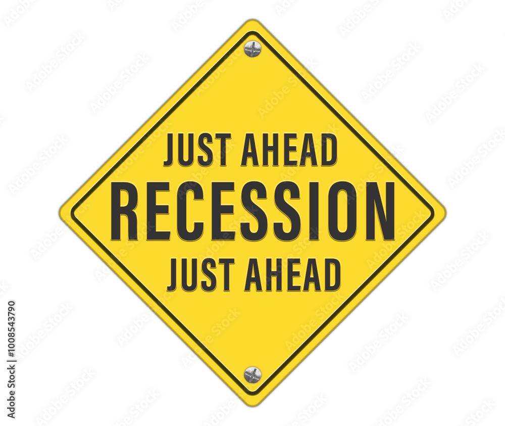 Yellow color road sign with recession just ahead text Yellow color road sign with recession just ahead text