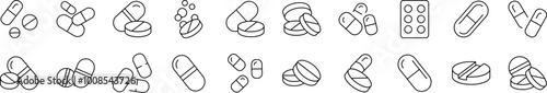 Pills and Medication Related Icon Set. Editable Stroke. Suitable for Web Sites, Books, Cards, Apps