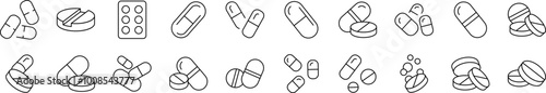 Pills and Medication Simple Isolated Line Icons Collection. Editable Stroke. Suitable for Web Sites, Books, Cards, Apps