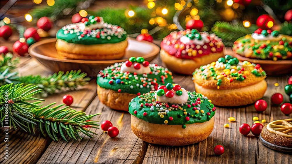 Festive Christmas Treats on a Wooden Table with Colorful Sprinkles and Decorative Holiday Elements Festive Christmas Treats on a Wooden Table with Colorful Sprinkles and Decorative Holiday Elements