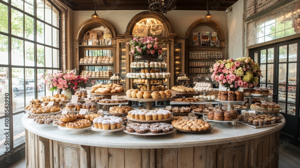 An elegant bakery counter with a circular arrangement of delicate pastries, rustic breads, and vibrant cakes, creating a visually pleasing centerpiece An elegant bakery counter with a circular arrangement of delicate pastries, rustic breads, and vibrant cakes, creating a visually pleasing centerpiece