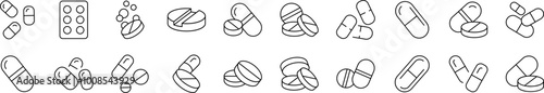 Pills and Medication Icon Set for UI, Placards, Books, Apps. Editable Stroke. Suitable for Web Sites, Books, Cards, Apps