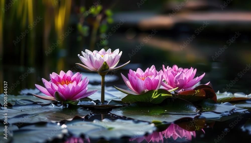 Water lily pond with blooming flowers, serene and vibrant, Botanical, Soft greens, Photograph, Aquatic beauty Water lily pond with blooming flowers, serene and vibrant, Botanical, Soft greens, Photograph, Aquatic beauty