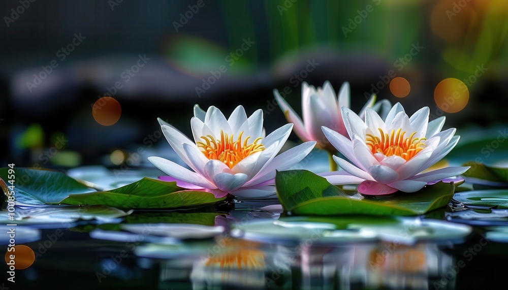 Water lily pond with blooming flowers, serene and vibrant, Botanical, Soft greens, Photograph, Aquatic beauty Water lily pond with blooming flowers, serene and vibrant, Botanical, Soft greens, Photograph, Aquatic beauty