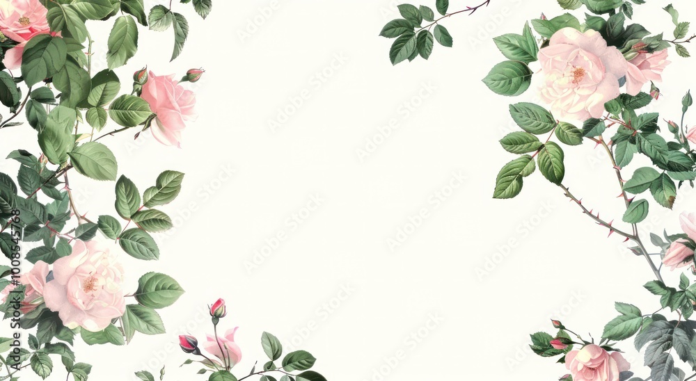 illustration white background with pink roses and green leaves frame border illustration white background with pink roses and green leaves frame border