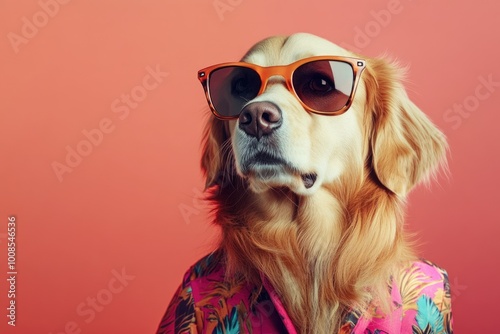 Golden Retriever dog wearing sunglasses and colorful suit. photo